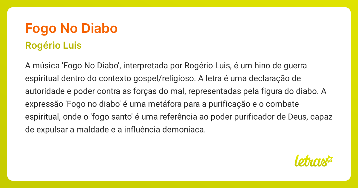 Significado da msica FOGO NO DIABO (Rogrio Luis) - LETRAS.MUS.BR