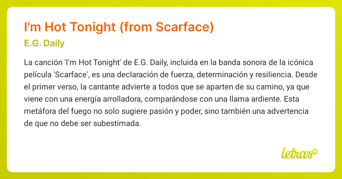 Significado de la canción I'm Hot Tonight (from Scarface) (E.G. Daily ...
