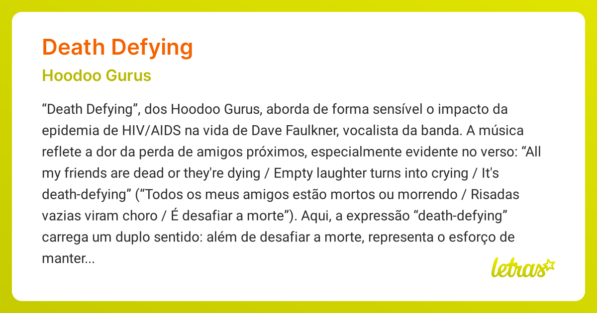 Significado da música DEATH DEFYING (Hoodoo Gurus) - LETRAS.MUS.BR