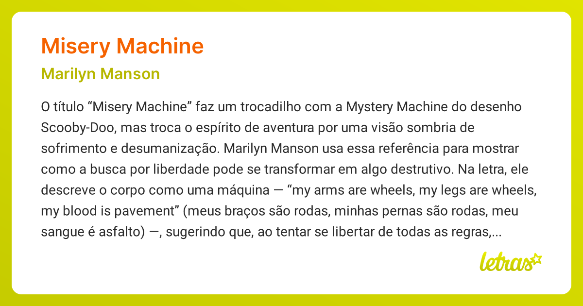 Significado da música MISERY MACHINE (Marilyn Manson) - LETRAS.MUS.BR
