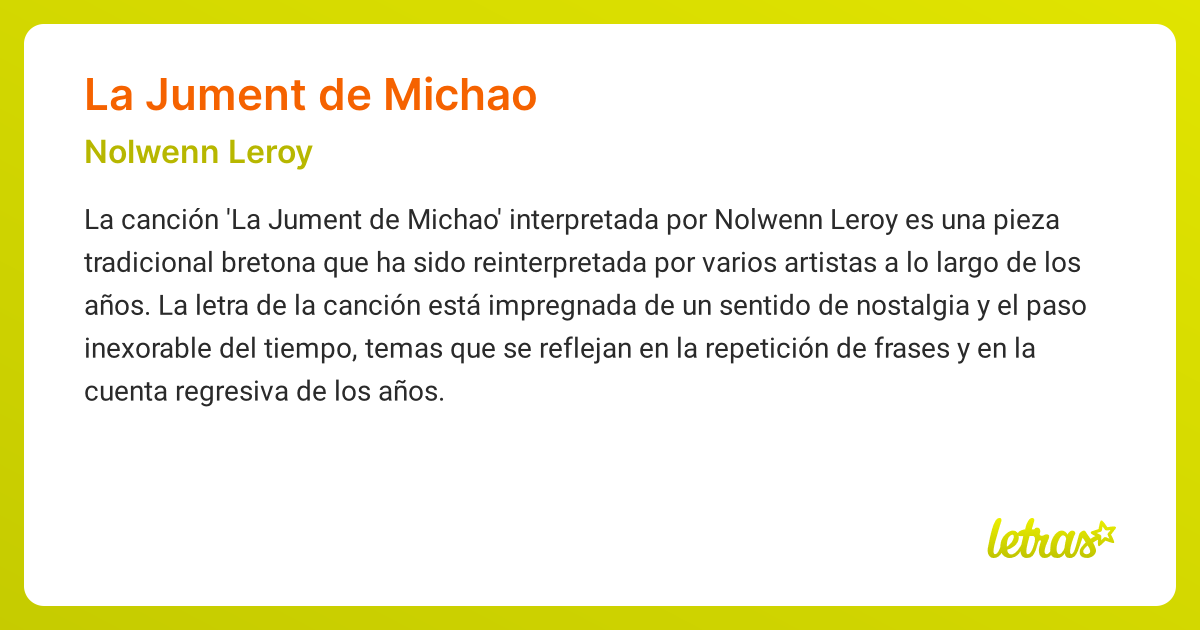 Significado de la canción LA JUMENT DE MICHAO (Nolwenn Leroy) - LETRAS.COM