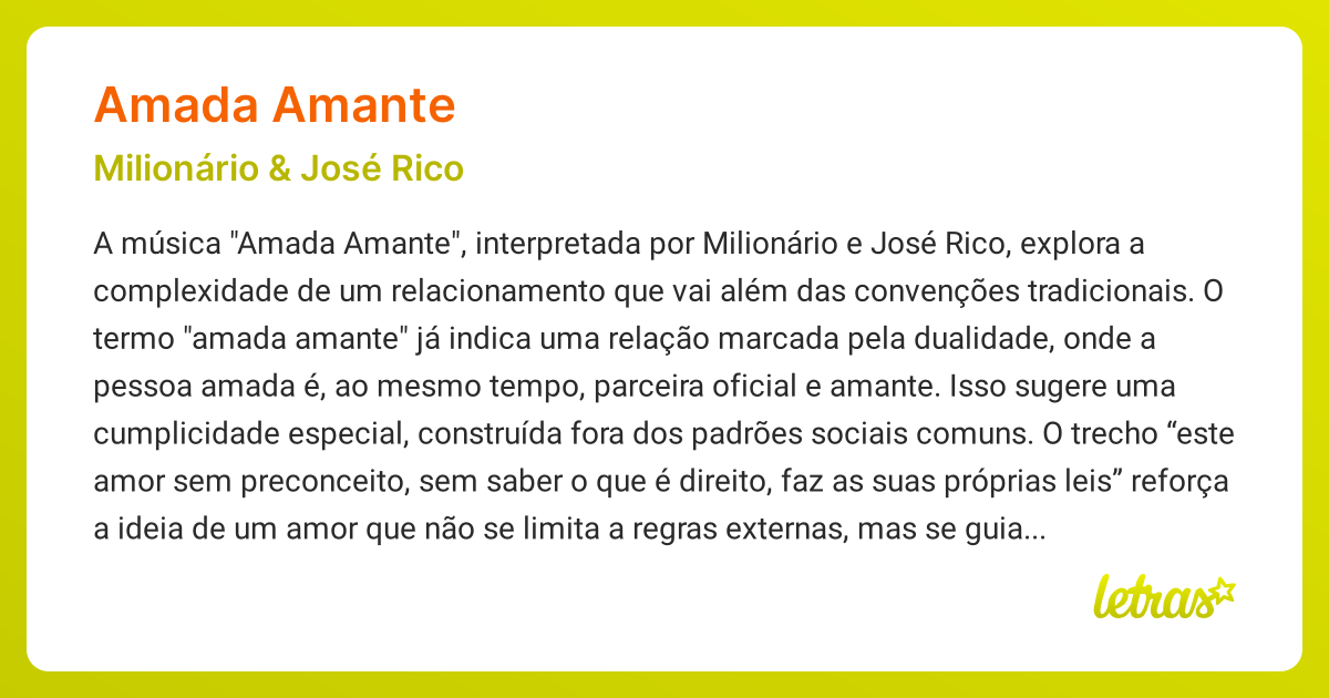 Significado da música AMADA AMANTE (Milionário & José Rico) - LETRAS.MUS.BR