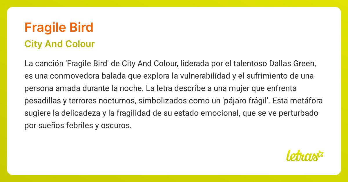Significado de la canción FRAGILE BIRD (City And Colour) - LETRAS.COM