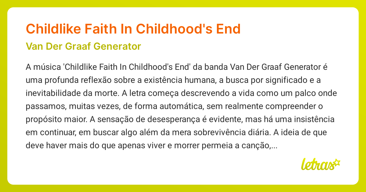 Significado da música Childlike Faith In Childhood's End (Van Der Graaf ...