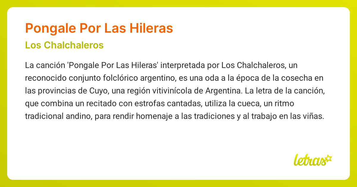 Significado de la canción PONGALE POR LAS HILERAS (Los Chalchaleros ...