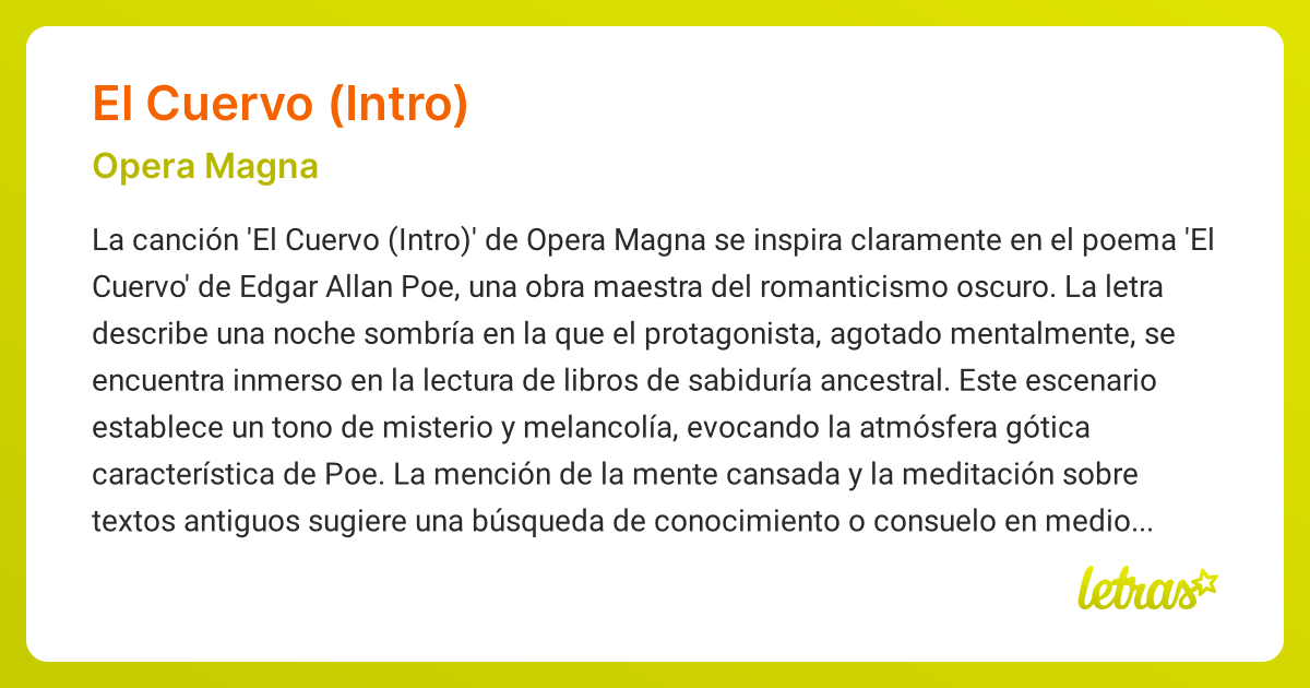 Significado de la canción EL CUERVO (INTRO) (Opera Magna) - LETRAS.COM