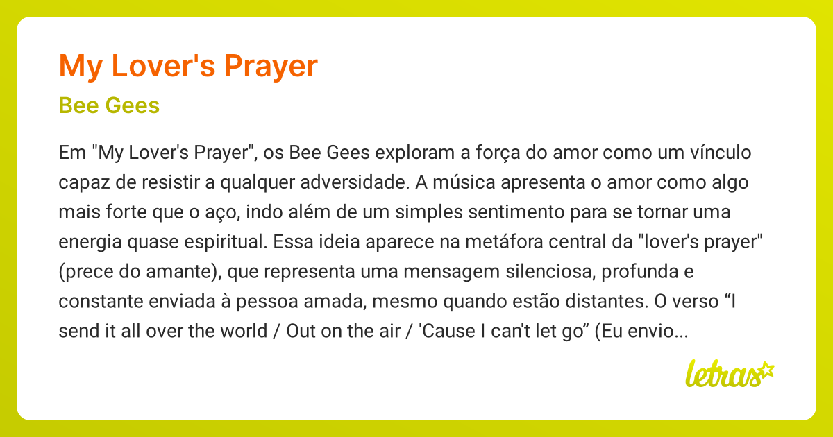 Significado da música MY LOVER'S PRAYER (Bee Gees) LETRAS.MUS.BR