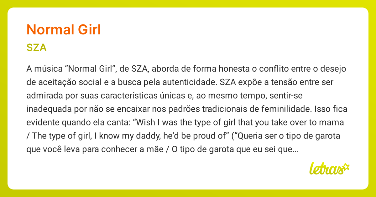 Significado da música NORMAL GIRL (SZA) - LETRAS.MUS.BR