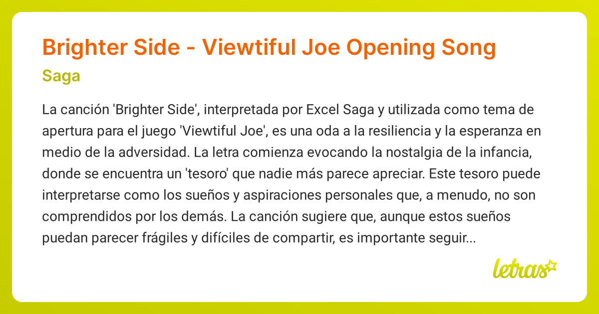 Significado de la canción Brighter Side - Viewtiful Joe Opening Song (Saga)  - LETRAS.COM