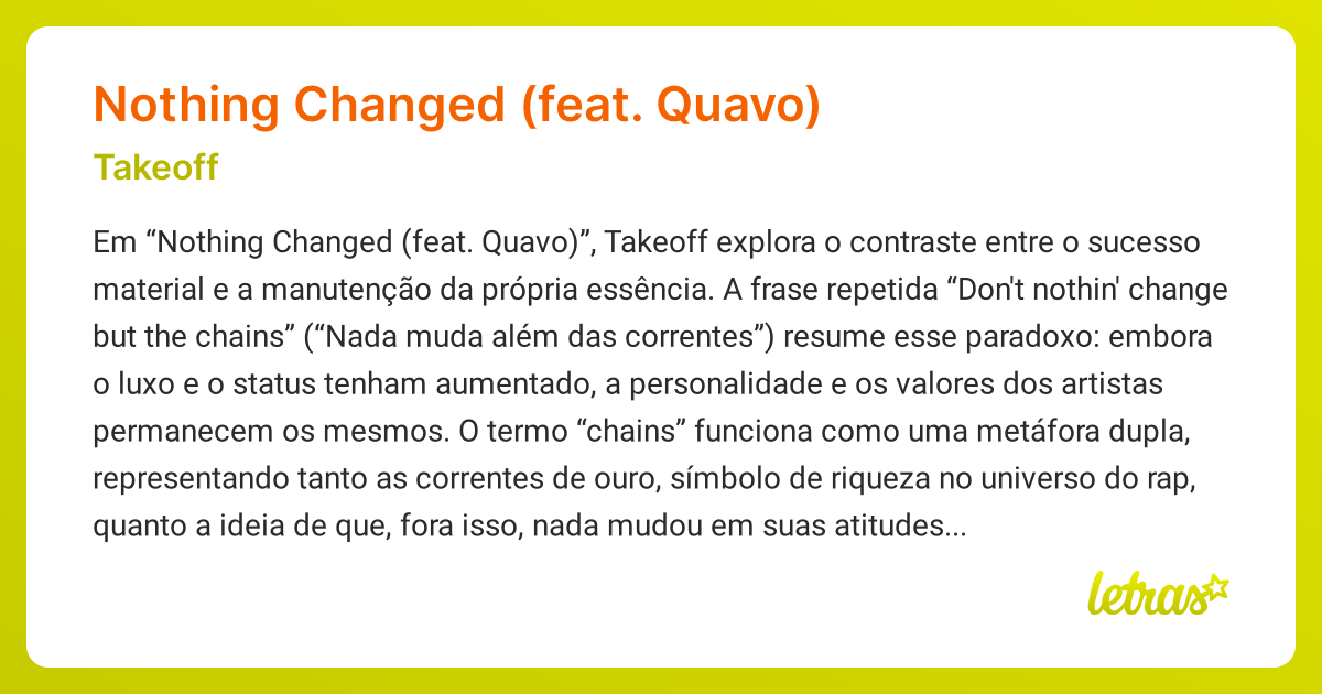 Significado da música NOTHING CHANGED (FEAT. QUAVO) (Takeoff) - LETRAS ...