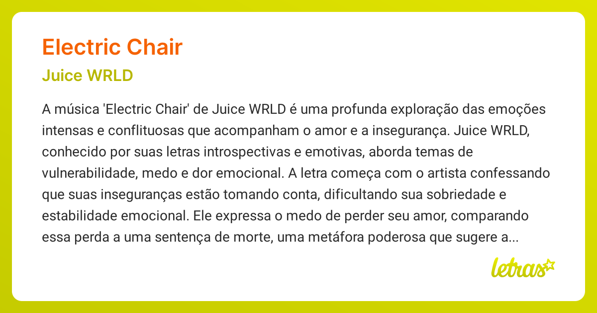 Significado da música ELECTRIC CHAIR (Juice WRLD) LETRAS.MUS.BR