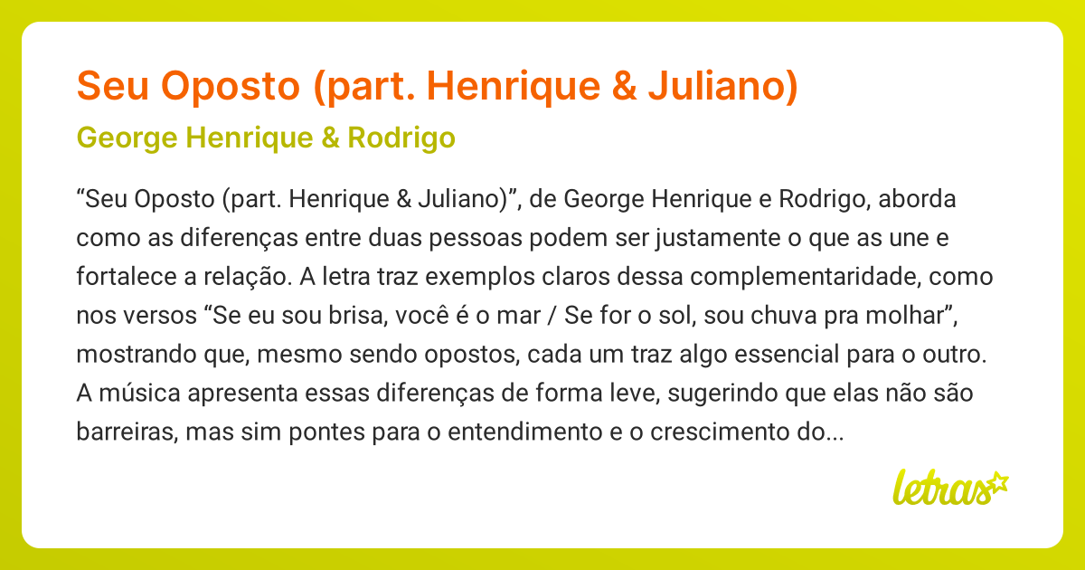 Significado da música Seu Oposto (part. Henrique & Juliano) (George ...