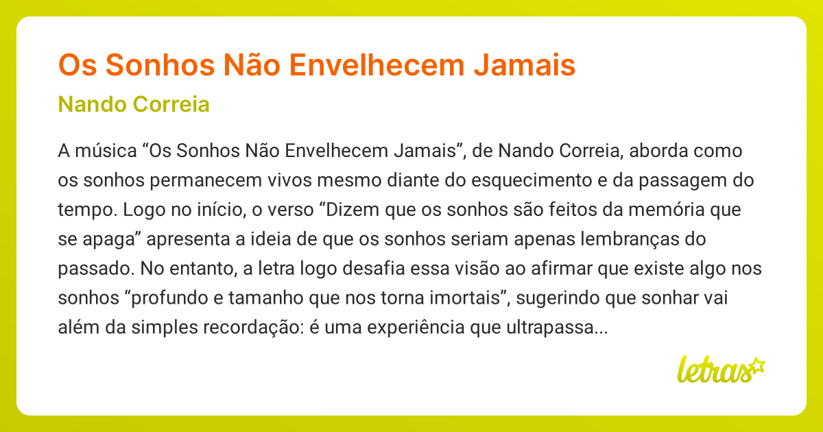 Significado da música Os Sonhos Não Envelhecem Jamais (Nando Correia ...