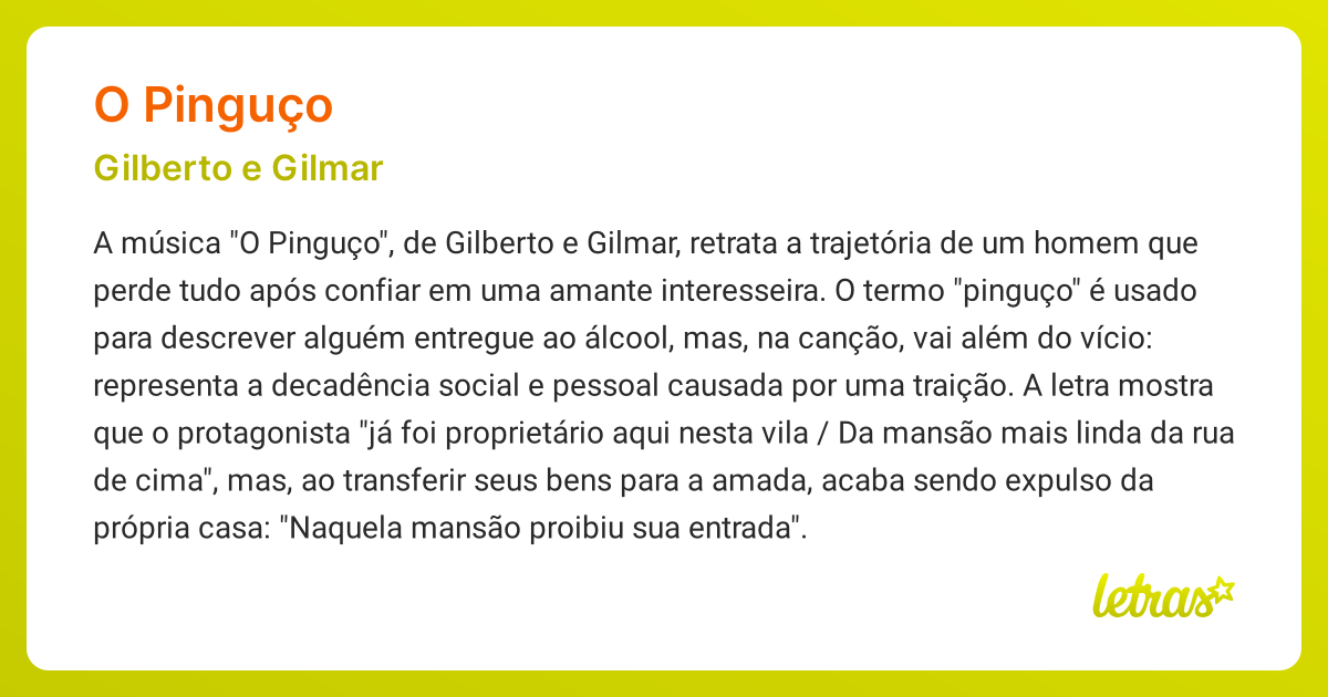 Significado da música O PINGUÇO (Gilberto e Gilmar) - LETRAS.MUS.BR
