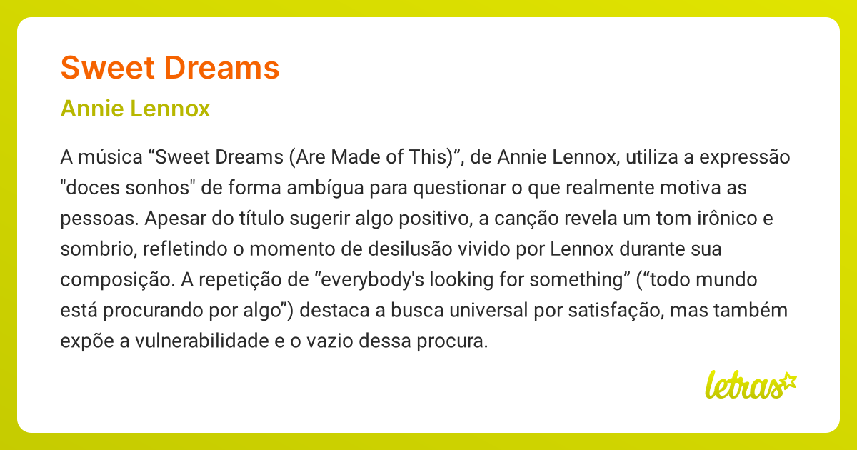 Significado da música SWEET DREAMS (Annie Lennox) - LETRAS.MUS.BR