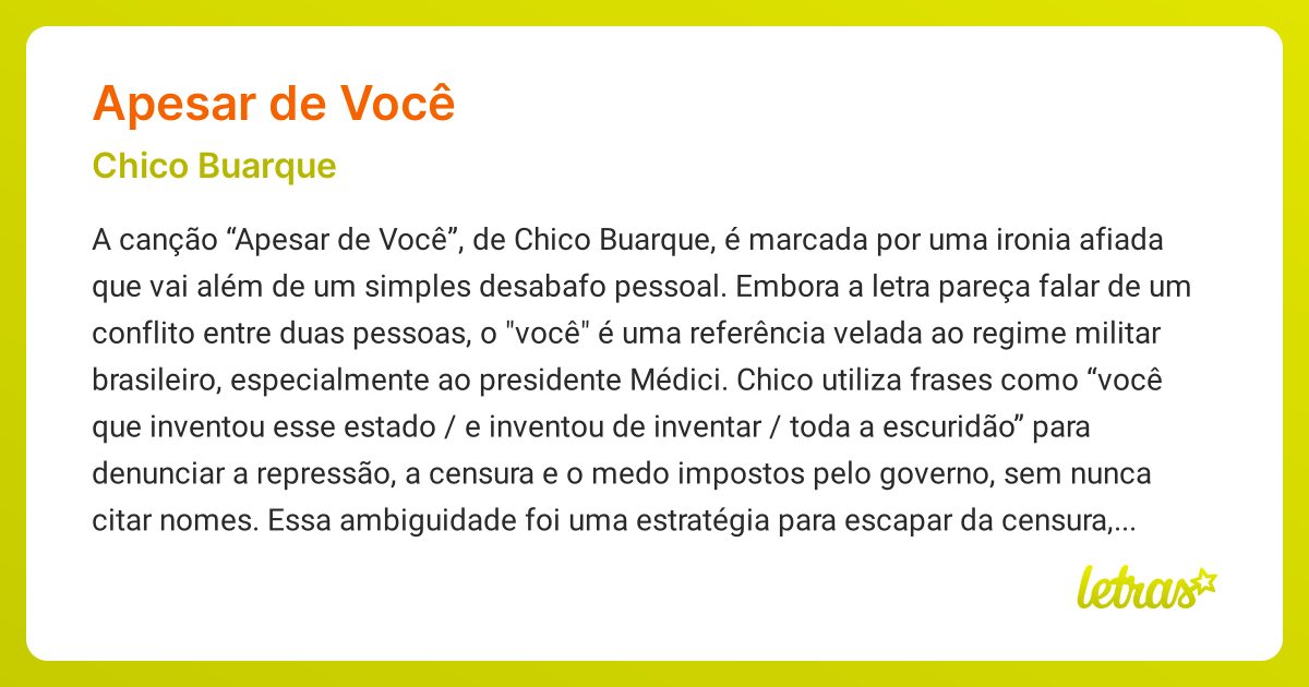 Significado da música APESAR DE VOCÊ (Chico Buarque) - LETRAS.MUS.BR