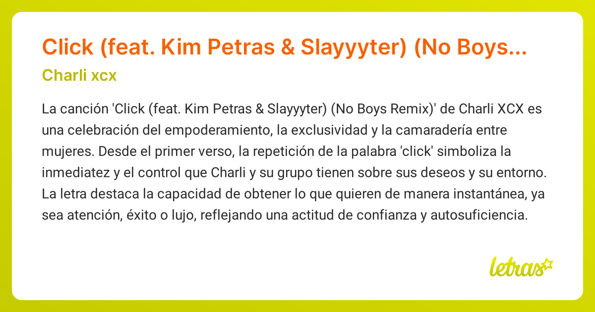 Significado de la canción Click (feat. Kim Petras & Slayyyter) (No Boys ...