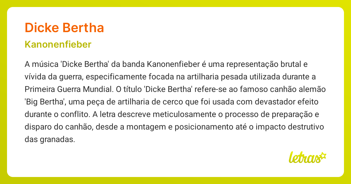 Significado da música DICKE BERTHA (Kanonenfieber) - LETRAS.MUS.BR