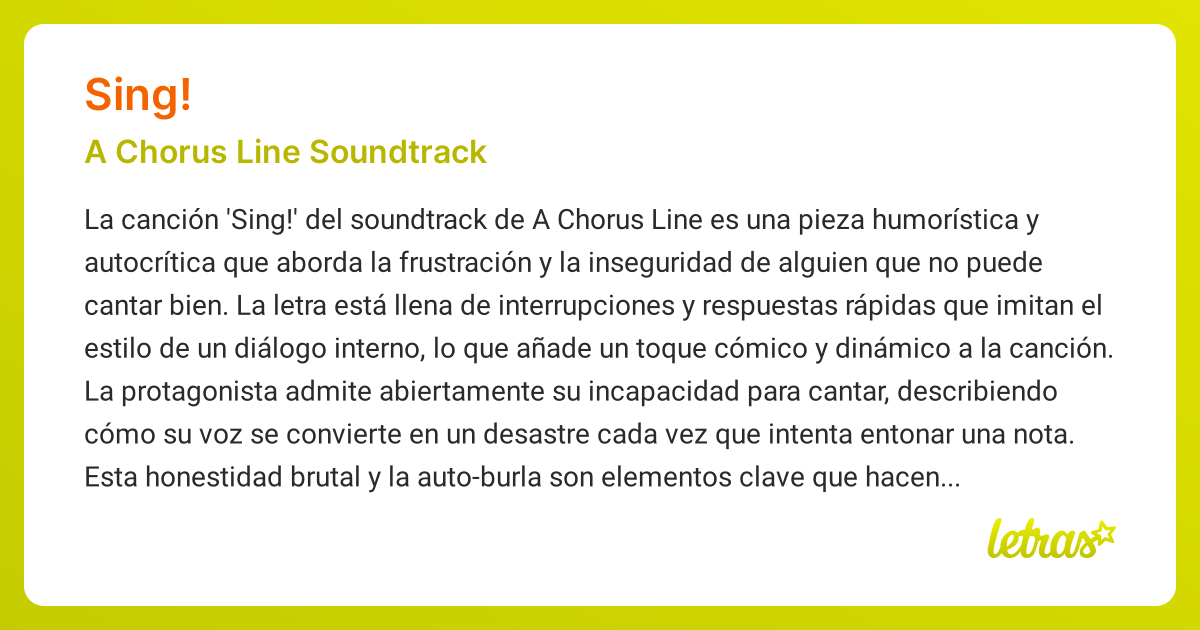 Significado de la canción SING! (A Chorus Line Soundtrack)
