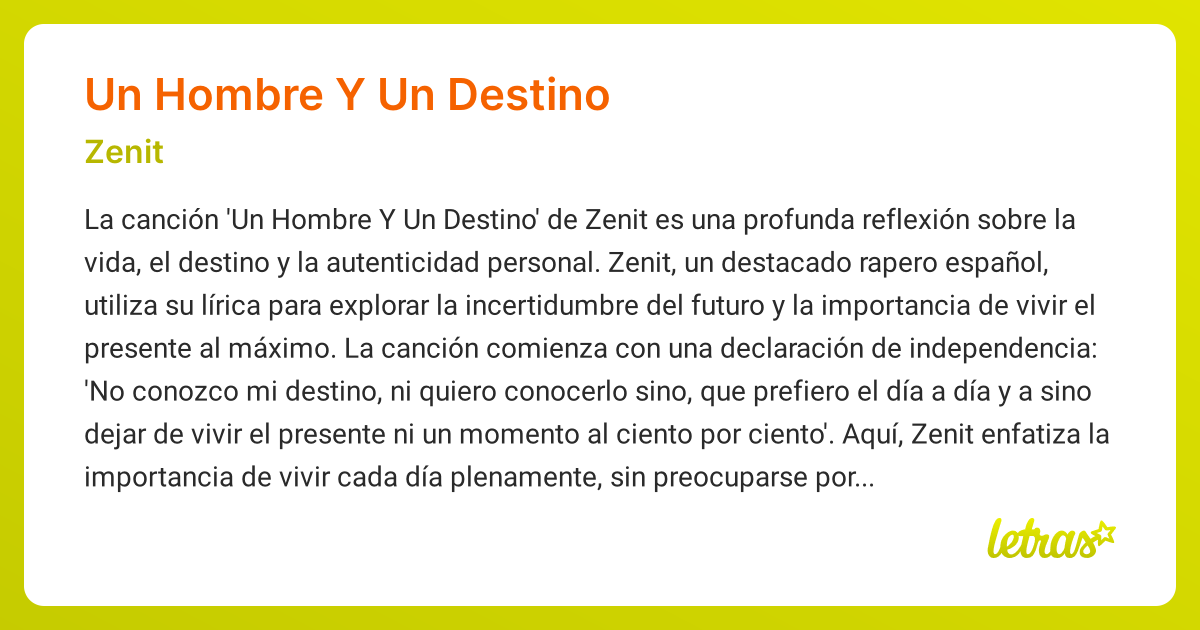 Significado de la canción UN HOMBRE Y UN DESTINO (Zenit) - LETRAS.COM