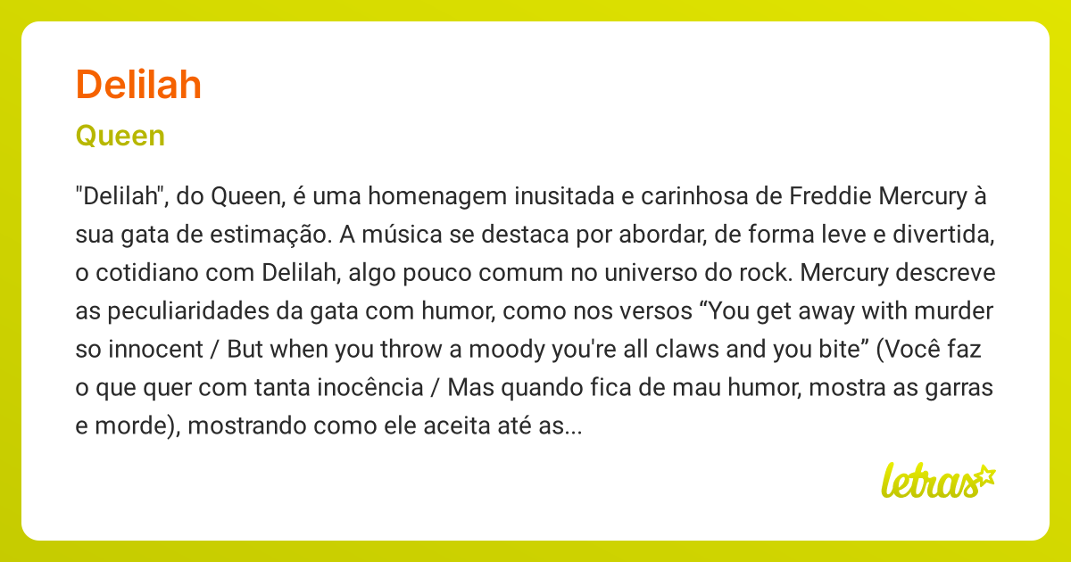 Significado da música DELILAH (Queen) LETRAS.MUS.BR