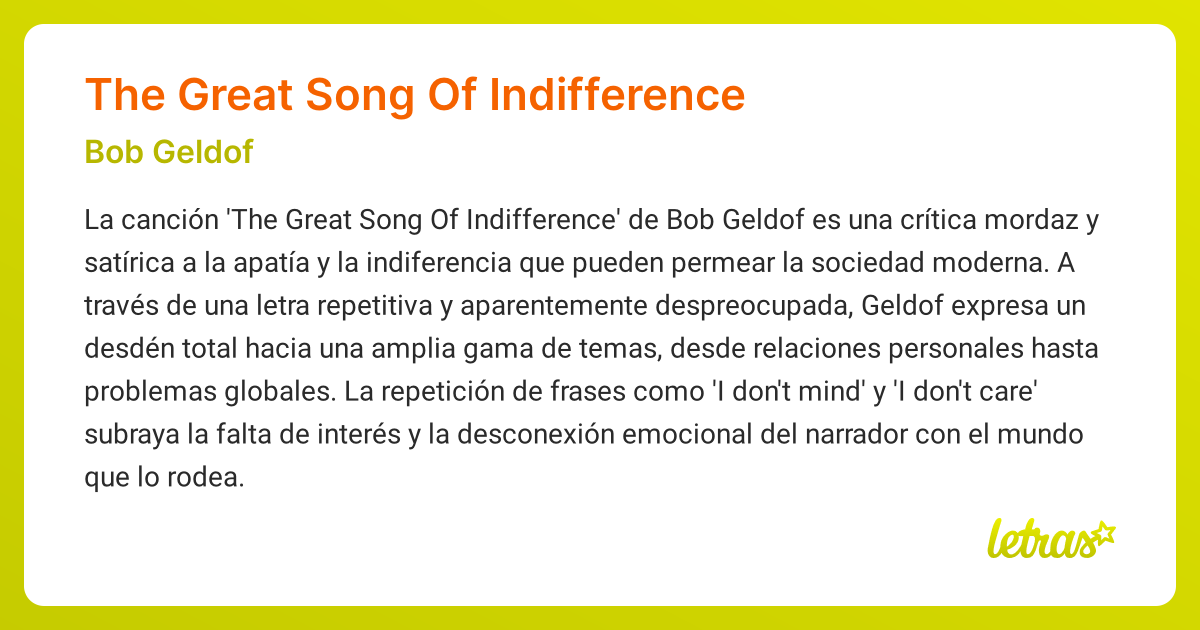 Significado de la canción THE GREAT SONG OF INDIFFERENCE (Bob Geldof ...