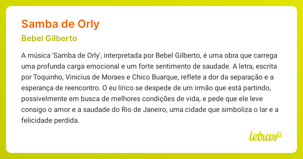 Significado da música SAMBA DE ORLY (Bebel Gilberto) - LETRAS.MUS.BR