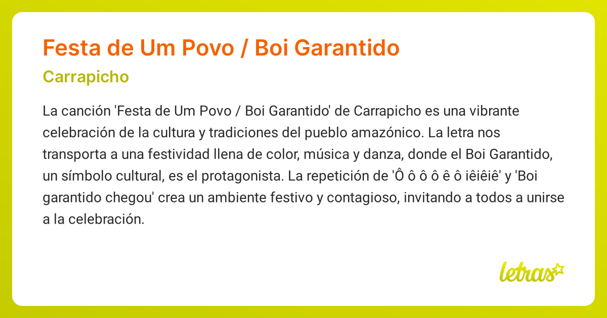 Significado de la cancion Festa de Um Povo Boi Garantido Carrapicho LETRAS.COM