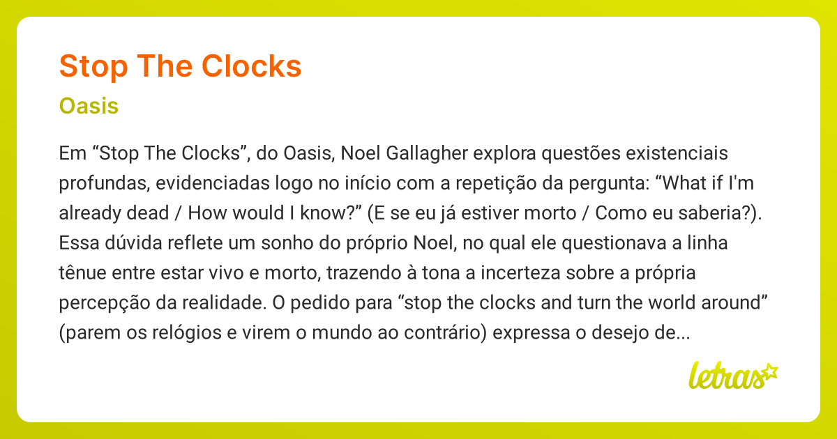 Significado da música STOP THE CLOCKS (Oasis) LETRAS.MUS.BR