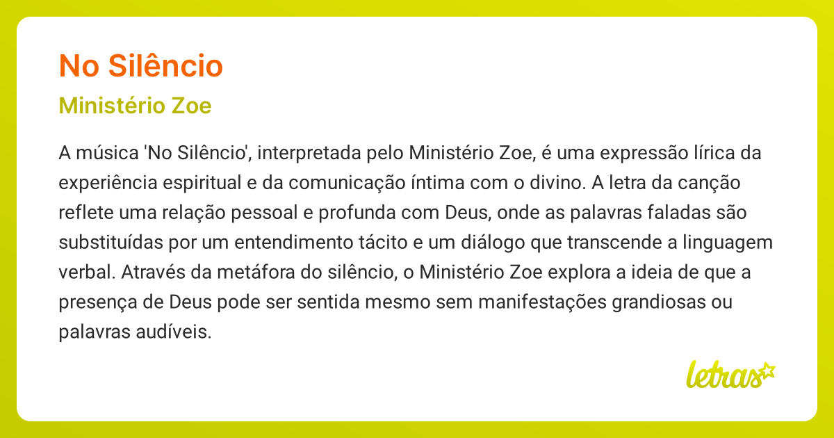 Significado da música NO SILÊNCIO (Ministério Zoe) - LETRAS.MUS.BR
