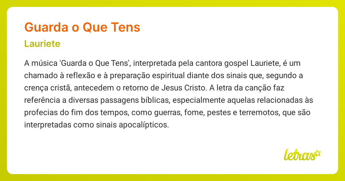 Significado da música GUARDA O QUE TENS (Lauriete) - LETRAS.MUS.BR