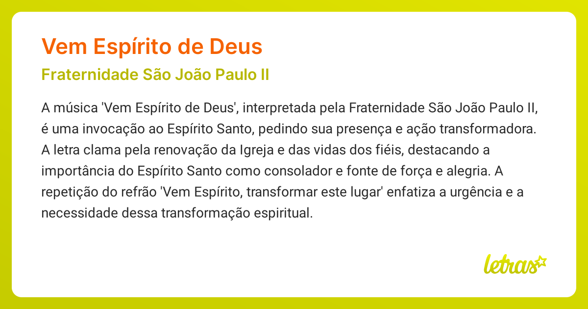 Significado da música VEM ESPÍRITO DE DEUS (Fraternidade São João Paulo ...