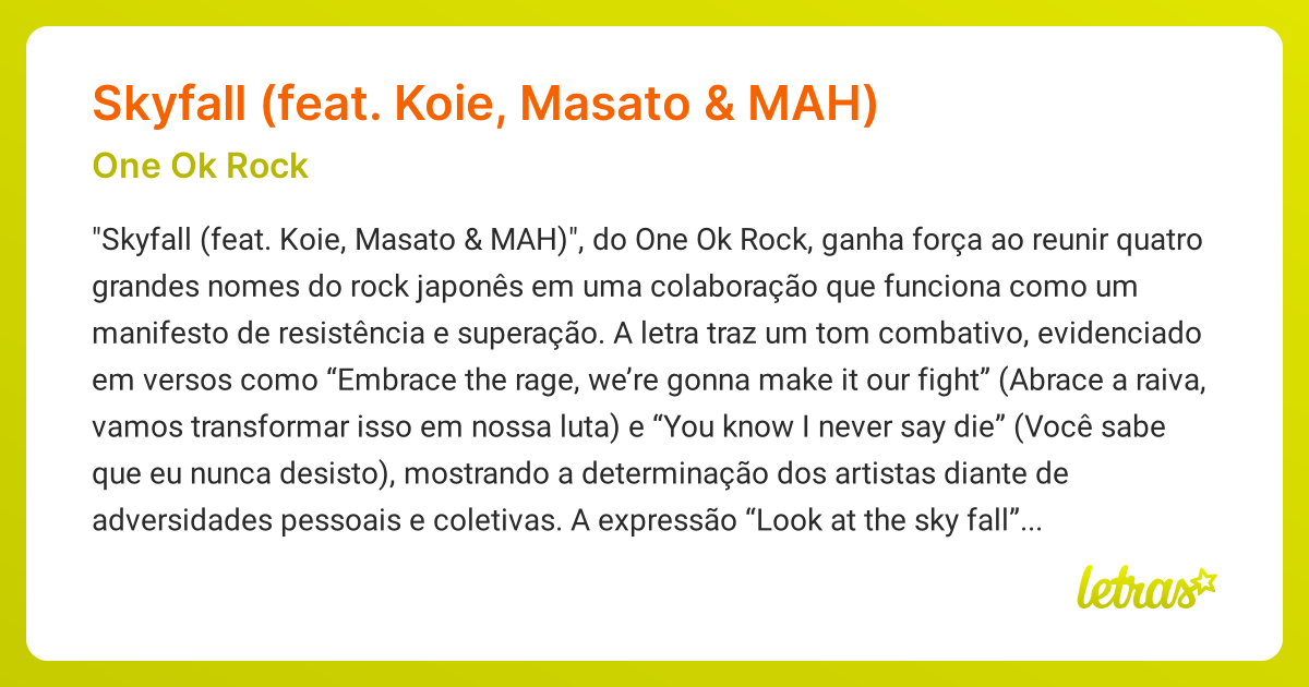 Significado da música Skyfall (feat. Koie, Masato & MAH) (One Ok