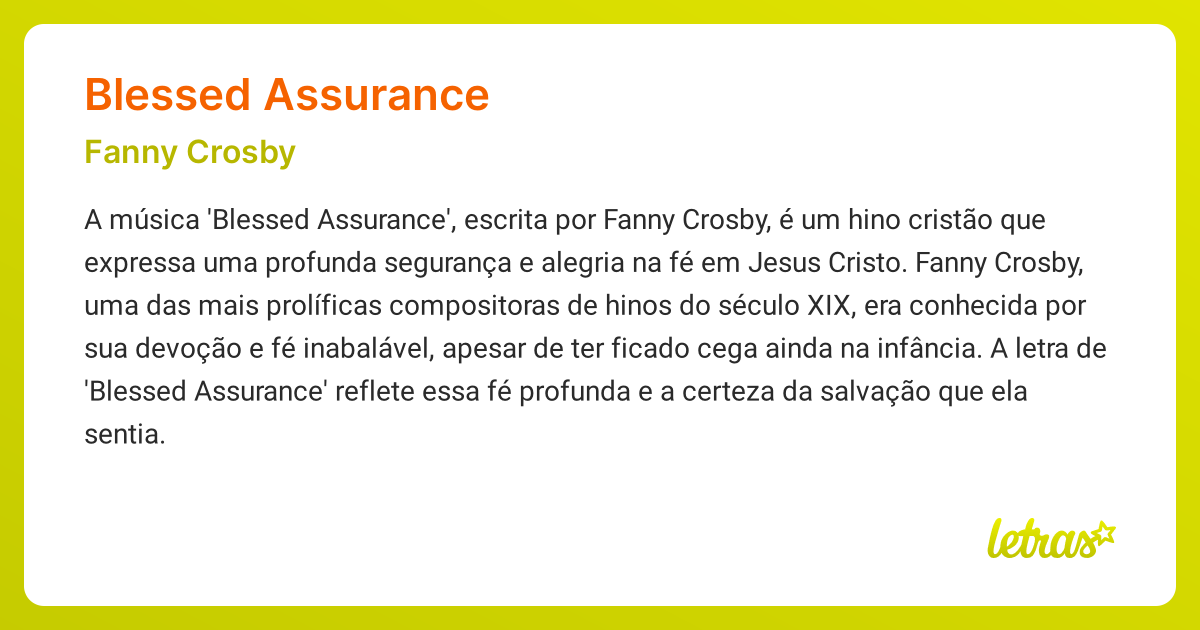 BLESSED ASSURANCE (SIGNIFICADO) - Fanny Crosby