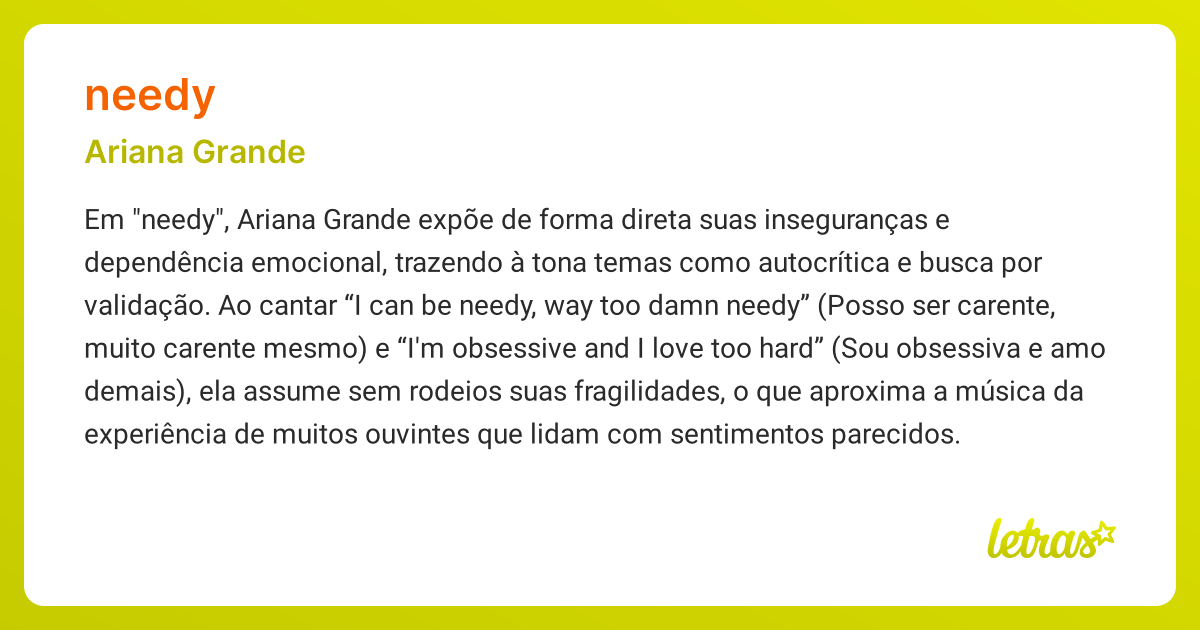 Significado da música NEEDY (Ariana Grande) - LETRAS.MUS.BR