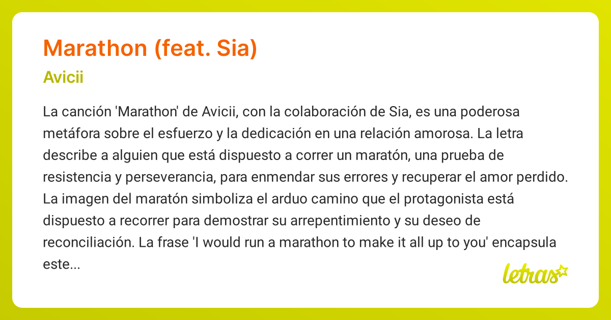 Significado de la canción MARATHON (FEAT. SIA) (Avicii) - LETRAS.COM