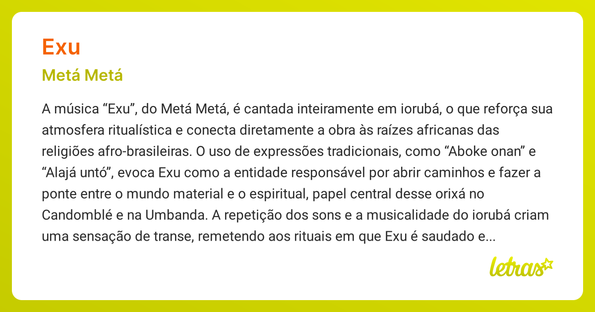 Significado da música EXU (Metá Metá) - LETRAS.MUS.BR