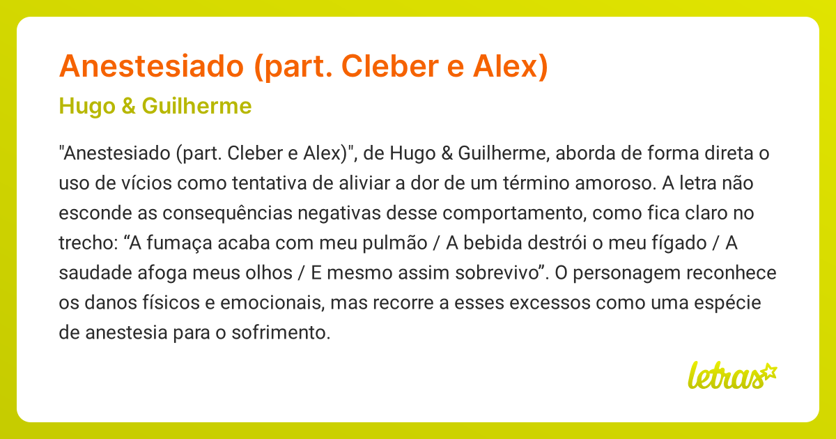 Significado da música Anestesiado (part. Cleber e Alex) (Hugo ...