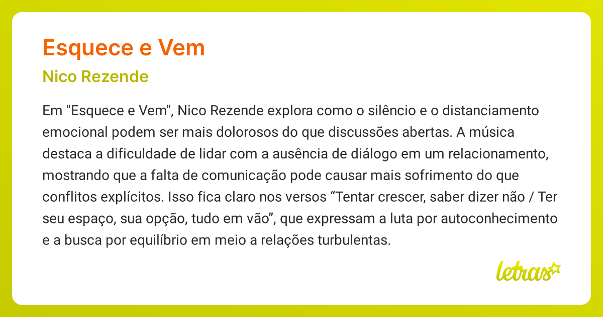 Significado da música ESQUECE E VEM (Nico Rezende) - LETRAS.MUS.BR