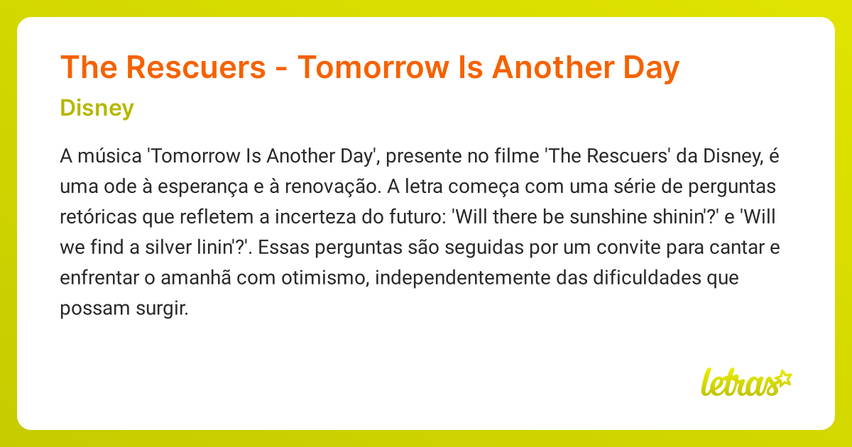 Significado da música The Rescuers - Tomorrow Is Another Day (Disney ...