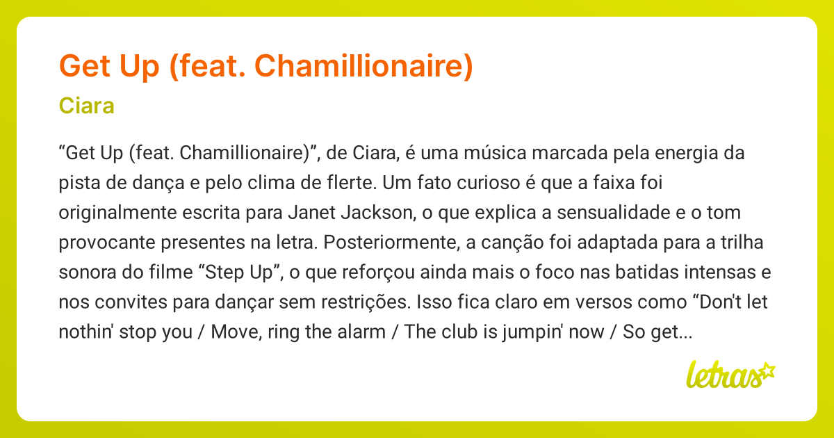 Significado da música GET UP (FEAT. CHAMILLIONAIRE) (Ciara) - LETRAS.MUS.BR