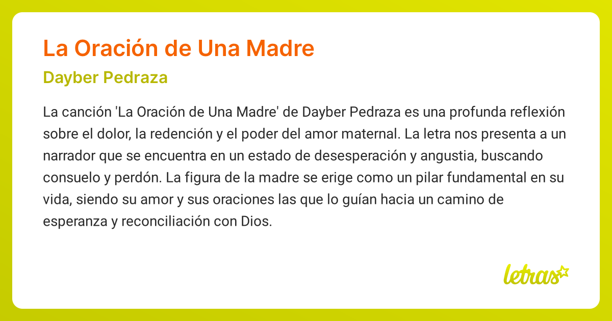 Significado de la canción LA ORACIÓN DE UNA MADRE (Dayber Pedraza ...