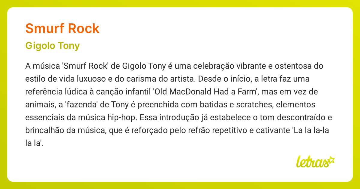 Significado da música SMURF ROCK (Gigolo Tony) - LETRAS.MUS.BR