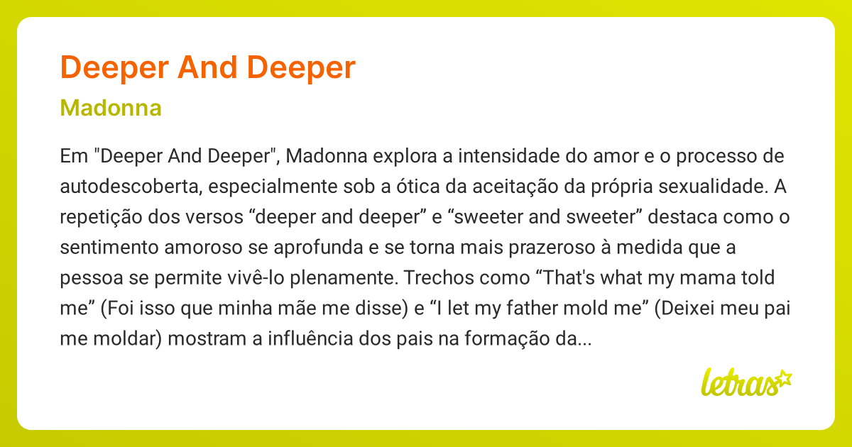 Significado da música DEEPER AND DEEPER (Madonna) - LETRAS.MUS.BR