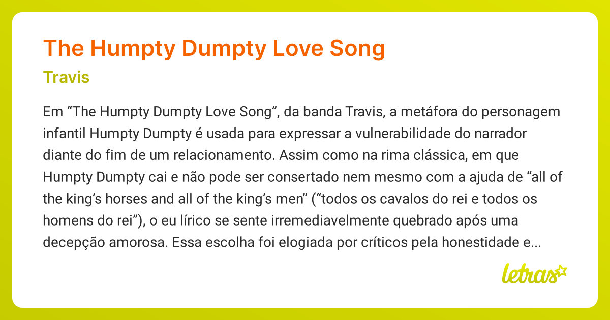 Significado da música THE HUMPTY DUMPTY LOVE SONG (Travis) LETRAS.MUS.BR