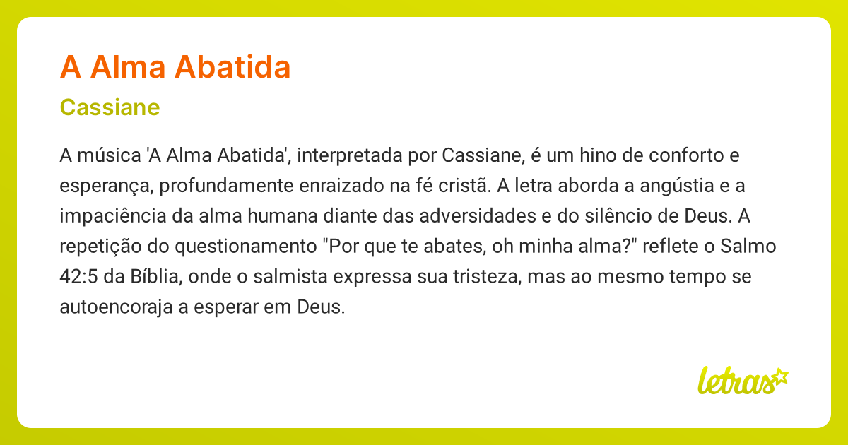 Significado da música A ALMA ABATIDA (Cassiane) - LETRAS.MUS.BR