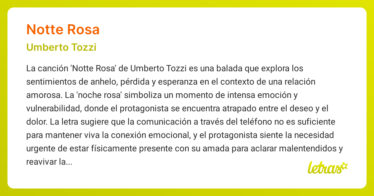 Significado de la canción NOTTE ROSA (Umberto Tozzi) - LETRAS.COM