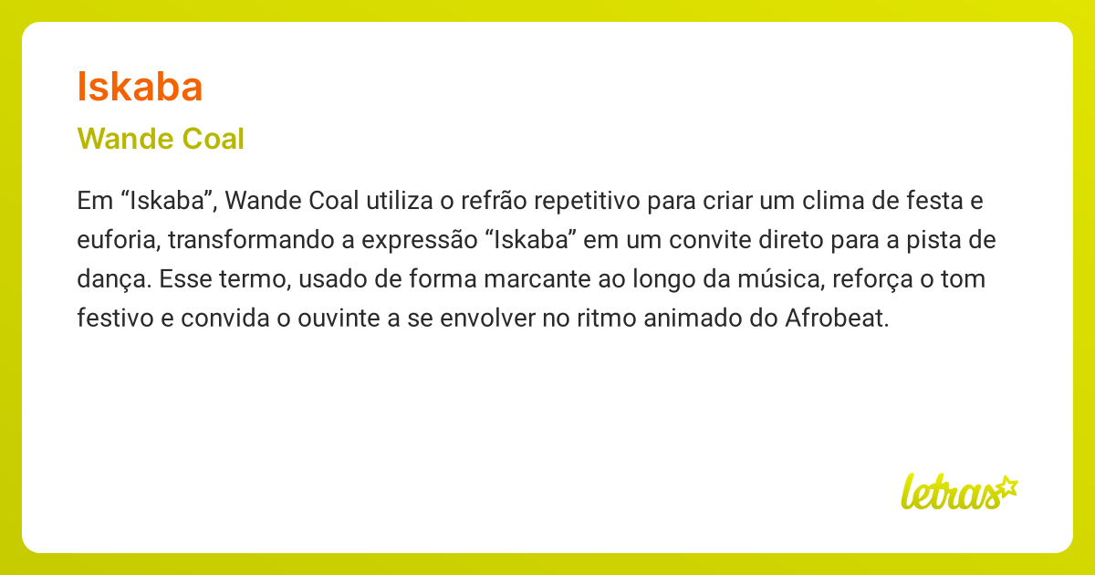 Significado da música ISKABA (Wande Coal) - LETRAS.MUS.BR