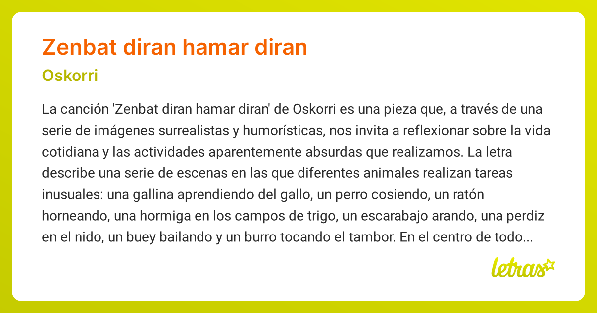 Significado de la canción ZENBAT DIRAN HAMAR DIRAN (Oskorri) - LETRAS.COM