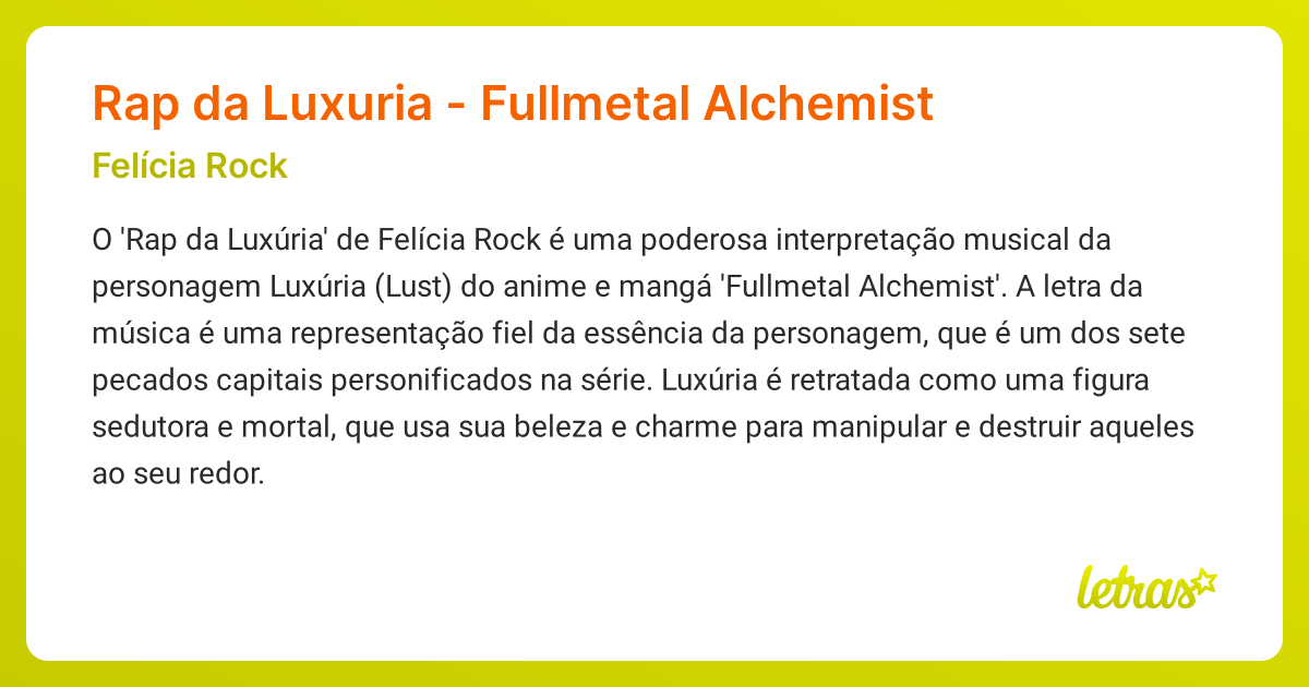Significado da música Rap da Luxuria - Fullmetal Alchemist (Felícia ...